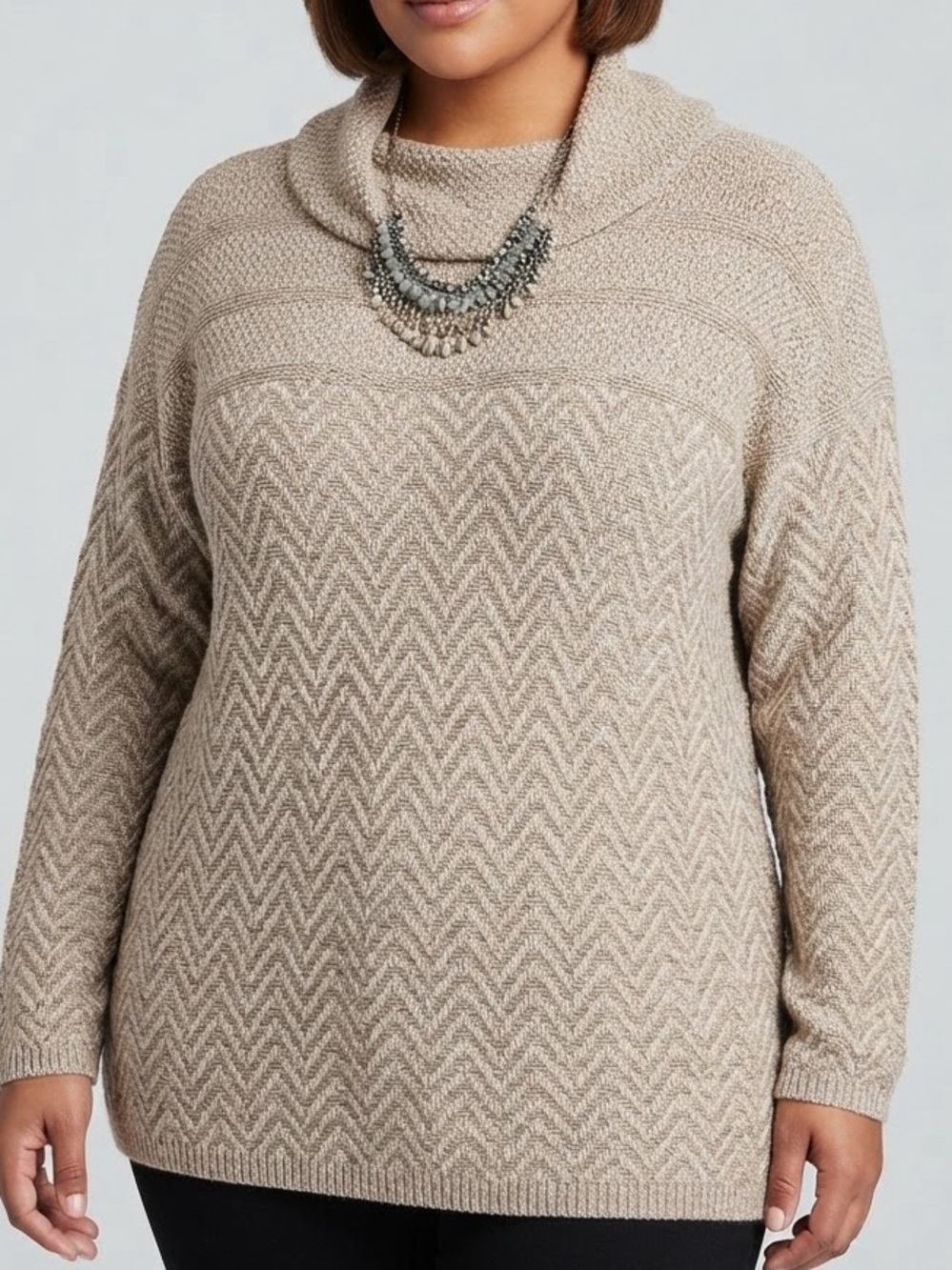 EIGHT EIGHT EIGHT Cozy Cowl Neck Knit Cotton Sweater Beige Chevron Pattern XL